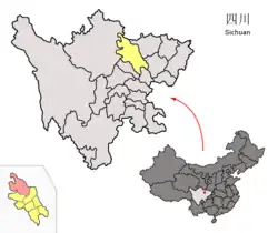 Location of Pingwu County (red) and Mianyang City (yellow) in Sichuan