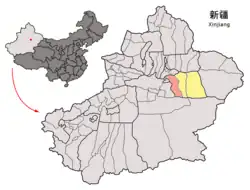 Location of Toksun County (red) within Turpan City (yellow) and Xinjiang