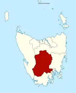 Map of the Tasmanian Legislative Council divisions, Derwent highlighted in crimson.