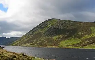 Loch Turret. Looking across the reservoir to Choinneachain Hill. The striking greens are due to the spring growth of Blaeberry/Wimberry (Vaccinium myrtillus)