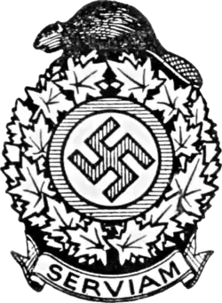 Logo of the Parti National Socialiste Chretien du Canada, a swastika emblem surrounded by a wreath of maple leaves with a beaver on top