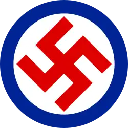 Emblem of the Parti National Socialiste Chretien du Canada, a blue-bordered white circle charged with a red swastika in the centre