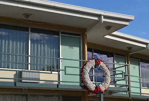 Close-up of King's approximate position when he was shot. The door to room 306 and the second floor balcony of the Lorraine Motel is also in view.
