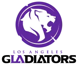 The logo for the Los Angeles Gladiators features a roaring white lion circumscribed inside a purple battle-scarred shield.