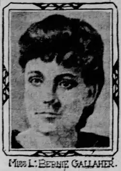 Grainy black-and-white head shot of a woman looking towards the camera. The photo has a caption printed beneath, reading "Miss L. Bernie Gallaher"