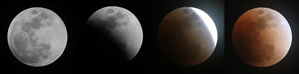 Example in Aichi Prefecture, Japan: Penumbral lunar eclipse 20:23 (JST) Partial lunar eclipse 21:13 (JST) Partial lunar eclipse 21:43 (JST) Total lunar eclipse (blood moon) 21:55 (JST)