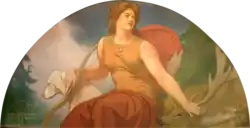 Woman in leather tunic holding bow in one arm and her other hand on a dead stag. Sitting next to her is a white hound.