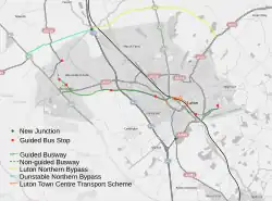 2009 map showing the planned conversion of the railway route (green) to guided Busway