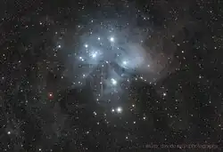 A widefield view of the Pleiades showing the surrounding dust, image taken with 7 hours of total exposure time