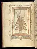 Folio 78v. A miniature portrait before the beginning of John of a standing winged figure with a bird head in an interlace border.