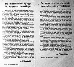 Piłsudski's bilingual Appeal to the citizens of former Grand Duchy of Lithuania of April 1919