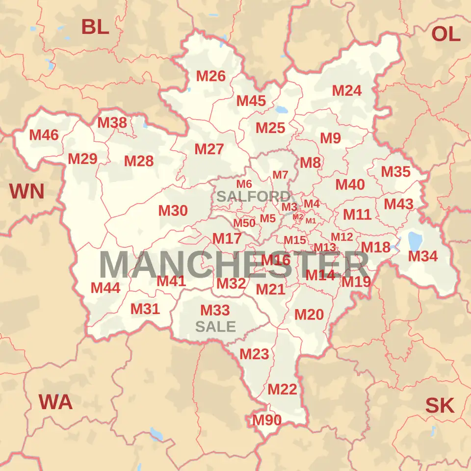 M postcode area map, showing postcode districts, post towns and neighbouring postcode areas.