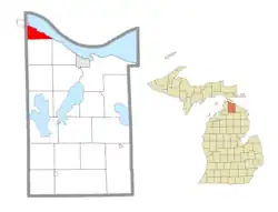 Location within Cheboygan County (red) and a portion of the administered village of Mackinaw City (pink)
