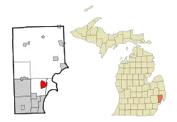 Map of Macomb County highlighting City of Mount Clemens (County seat) in red.