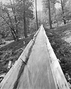 Water flowing down a V-flume near Sugar Pine, California.
