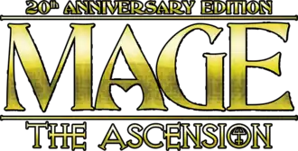 The logo for Mage: The Ascension 20th Anniversary Edition features "Mage" in a large, wavy, golden font, and "The Ascension" in a smaller font below.