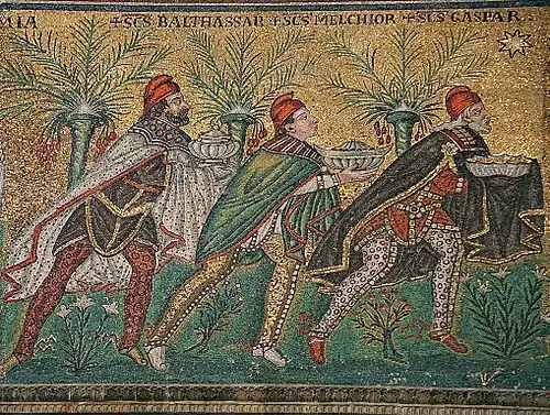 The biblical "three wise men" with Phrygian caps to identify them as "orientals". 6th-century, Basilica of Sant'Apollinare Nuovo in Ravenna, Italy.
