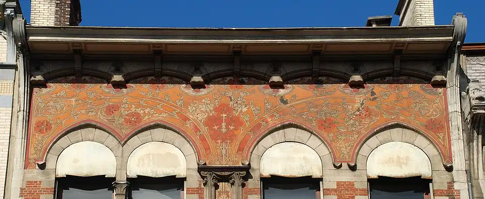 Art Nouveau sgraffito rinceaux on the Maison Henri Jacobs (Avenue Maréchal Foch no. 9), Brussels, architect Henri Jacobs, sgraffito by Privat Livemont, 1903[21]