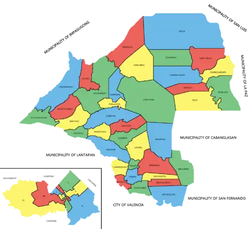 Political map of Malaybalay showing the 46 barangays under its jurisdiction. Poblacion district is enlarged below left. All boundaries are approximate and are not authoritative.