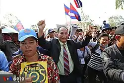 Beehive Radio journalist Mam Sonando leads a demonstration at the Ministry of Information, in January 2014.