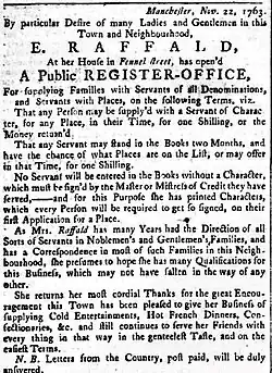 Advert for Raffald's register office for servants and their potential employers