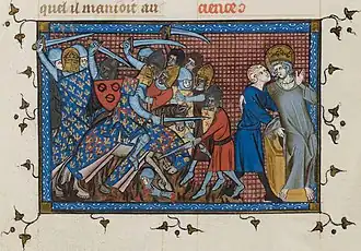 A mounted knight fights against footmen, while a crowned man is carried from the battlefield.