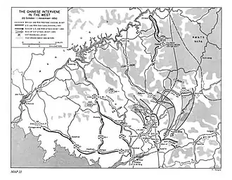 A map of Northwest Korea with arrows sweeping past Onjong