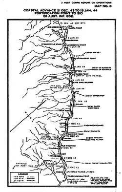 map of New Guinea coast with arrows indicating route taken by the Australian advance.