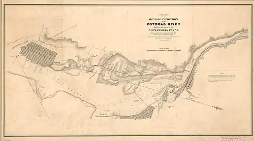 1838 map of the Alexandria Canal. Alexandria County's public debts from this and other projects amounted to nearly $2 million.[49]