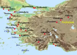 Terrain map of Asia Minor with significant cities marked, areas settled by Greeks in italics