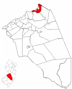 Location of Bordentown Township in Burlington County highlighted in red (right). Inset map: Location of Burlington County in New Jersey highlighted in red (left).