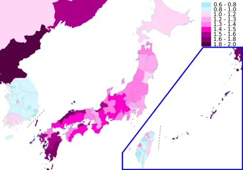 Map of East Asia by total fertility rate (TFR) in 2021. Japan's TFR in 2012 was estimated at 1.41 children per woman, increasing slightly from 1.32 in the 2001–05 period. In 2012, the highest TFR was 1.90, in Okinawa, and the lowest was 1.09, in Tokyo. TFR by prefecture for 2000–05, as well as future estimates, have been released.[53]