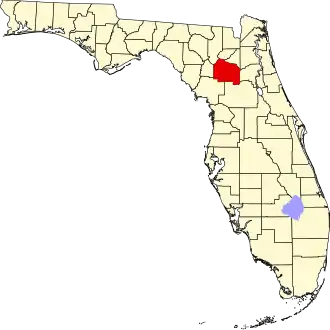 A state map highlighting Alachua County in the corner part of the state. It is medium in size.