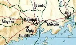 Map of Entebbe and surrounding locales, including Kampala, Mpigi, Bombo, and Jinja