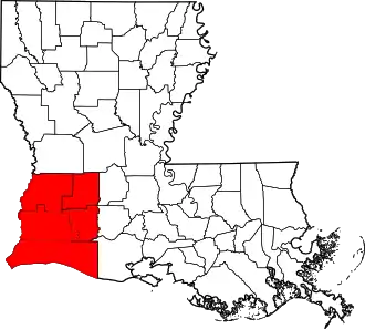 Five-parish Southwest Louisiana region (Allen, Beauregard, Calcasieu, Cameron, and Jefferson Davis) highlighted in red.