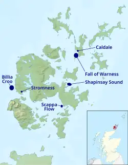 A map of Orkney with the six sites of the European Marine Energy Centre marked