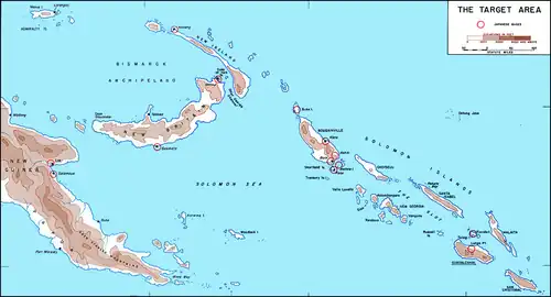 The Solomon Islands. "The Slot" (New Georgia Sound) runs down the center of the islands, from Bougainville and the Shortlands (center) to Guadalcanal (lower right)