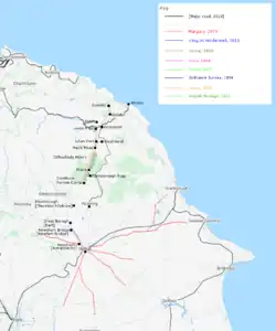 Map showing sections of Wade's Causeway reported as verified extent, by various authorities 1736–2013