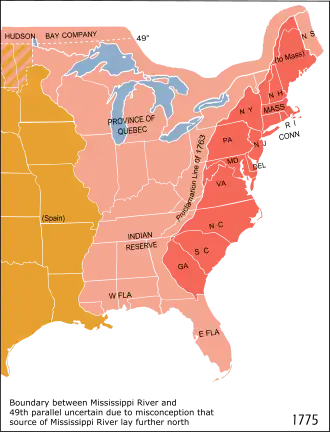 The Thirteen Colonies (shown in red) in 1775 with modern borders overlaid