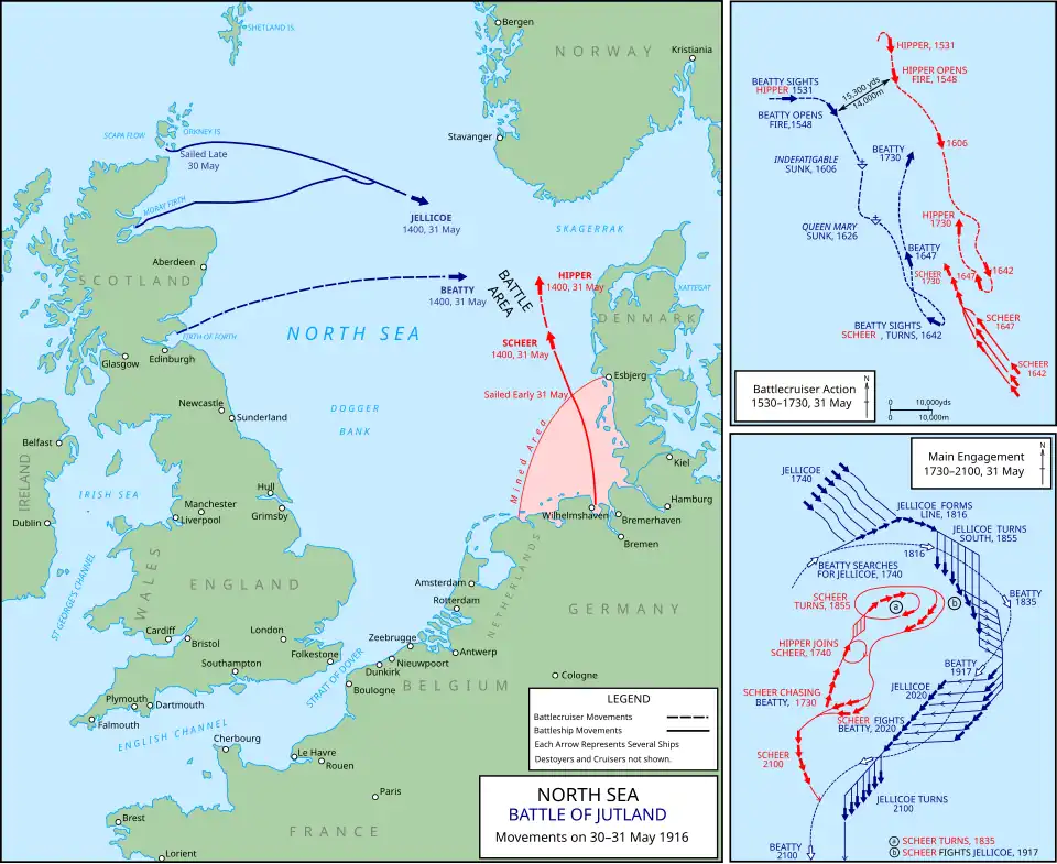 The British fleet sailed from northern Britain to the east while the Germans sailed from Germany in the south; the opposing fleets met off the Danish coast