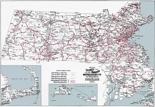Image 24Interurban street railway systems, or "trolleys", in Massachusetts, 1913 (from History of Massachusetts)