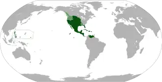 Anachronistic map showing all territories that were ever part of the Viceroyalty of New Spain (dark green). The areas in light green were territories claimed but not controlled by New Spain.