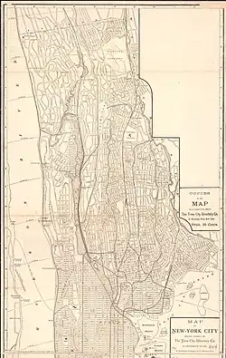 Street map of The Bronx, west of The Bronx River, in 1884. The parks discussed in this article did not exist yet; the corresponding areas are shown with streets.