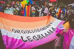 A lesbian pride flag held during a parade.