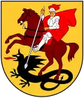 A coat of arms depicting a man in full body armour riding a brown horse that is trampling a black dragon all on a yellow background