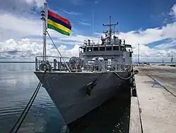 Mauritius Coast Guard offshore patrol vessel MCGS Barracuda (CG-31) docked at Pemba, Mozambique.