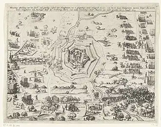 The village and castle of Hoogstraten during the mutiny in 1693, when Maurice, Prince of Orange relieves the Spanish mutineers