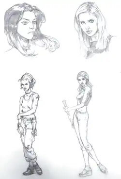 Sketches of Melaka Fray and Buffy Summers, two of which are headshots and the other two are of them standing in costume.