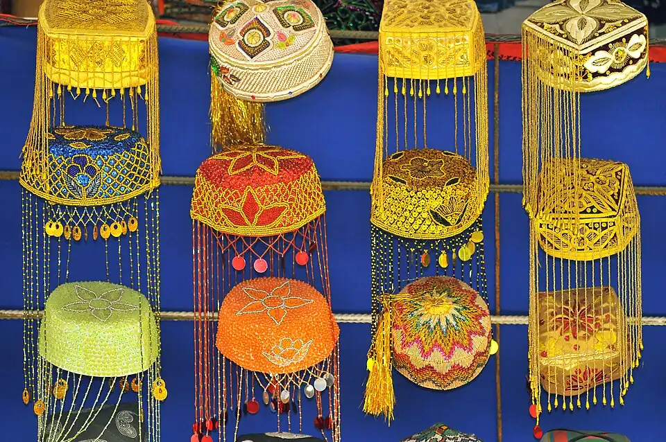 Embroidered doʻppis, mostly worn by brides