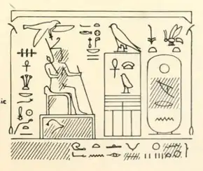 Drawing in black ink showing a man holding a staff seated in front of hieroglyphs